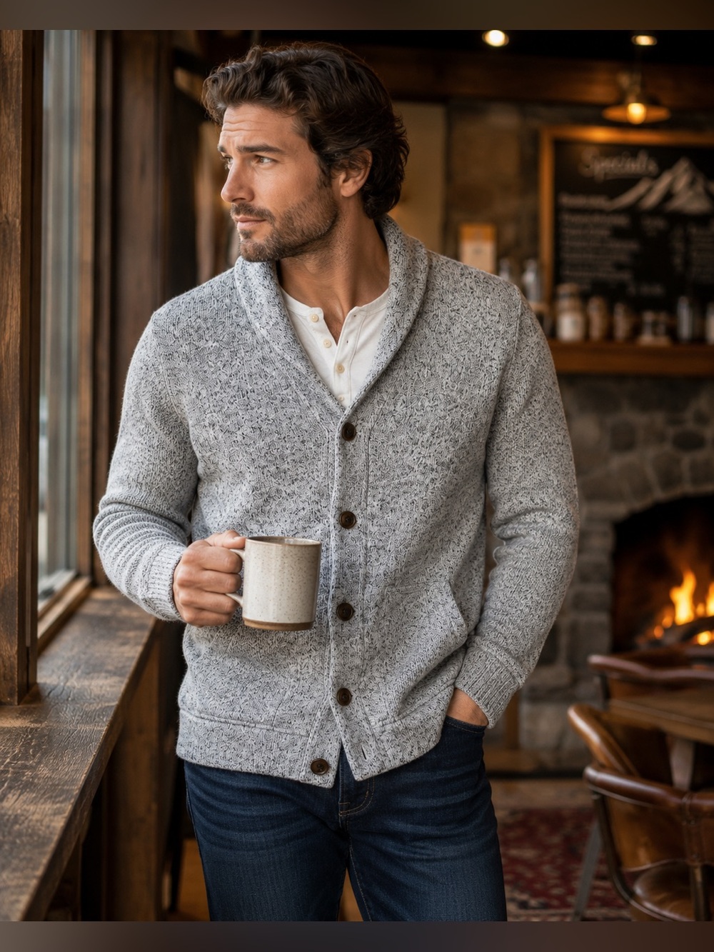 Old Navy Gray Marled Shawl Collar Grandpa Cardigan Sweater Button Front Unisex M